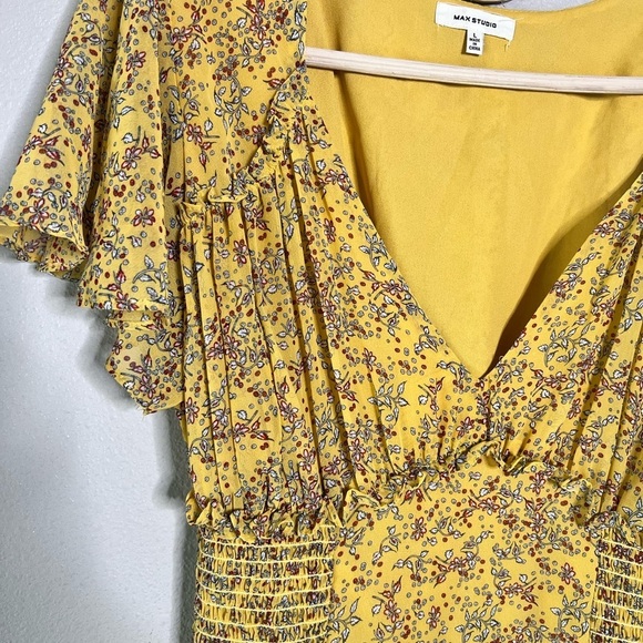 Max Studio Yellow Floral Midi Dress Smocked Waist with Ruffles Women Size Large - Picture 11 of 13